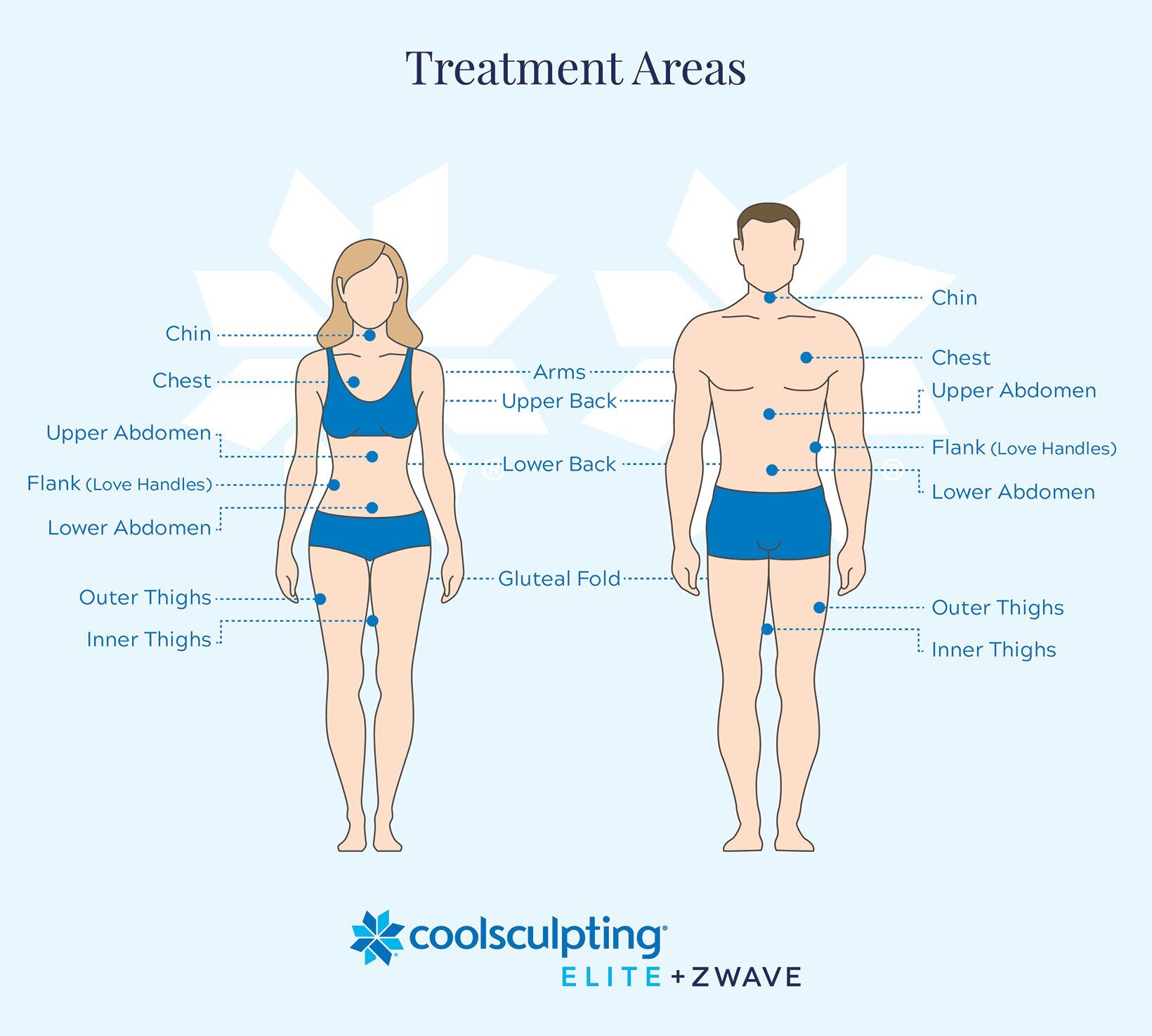 Illustration showing areas that are treatable with CoolSculpting Elite 