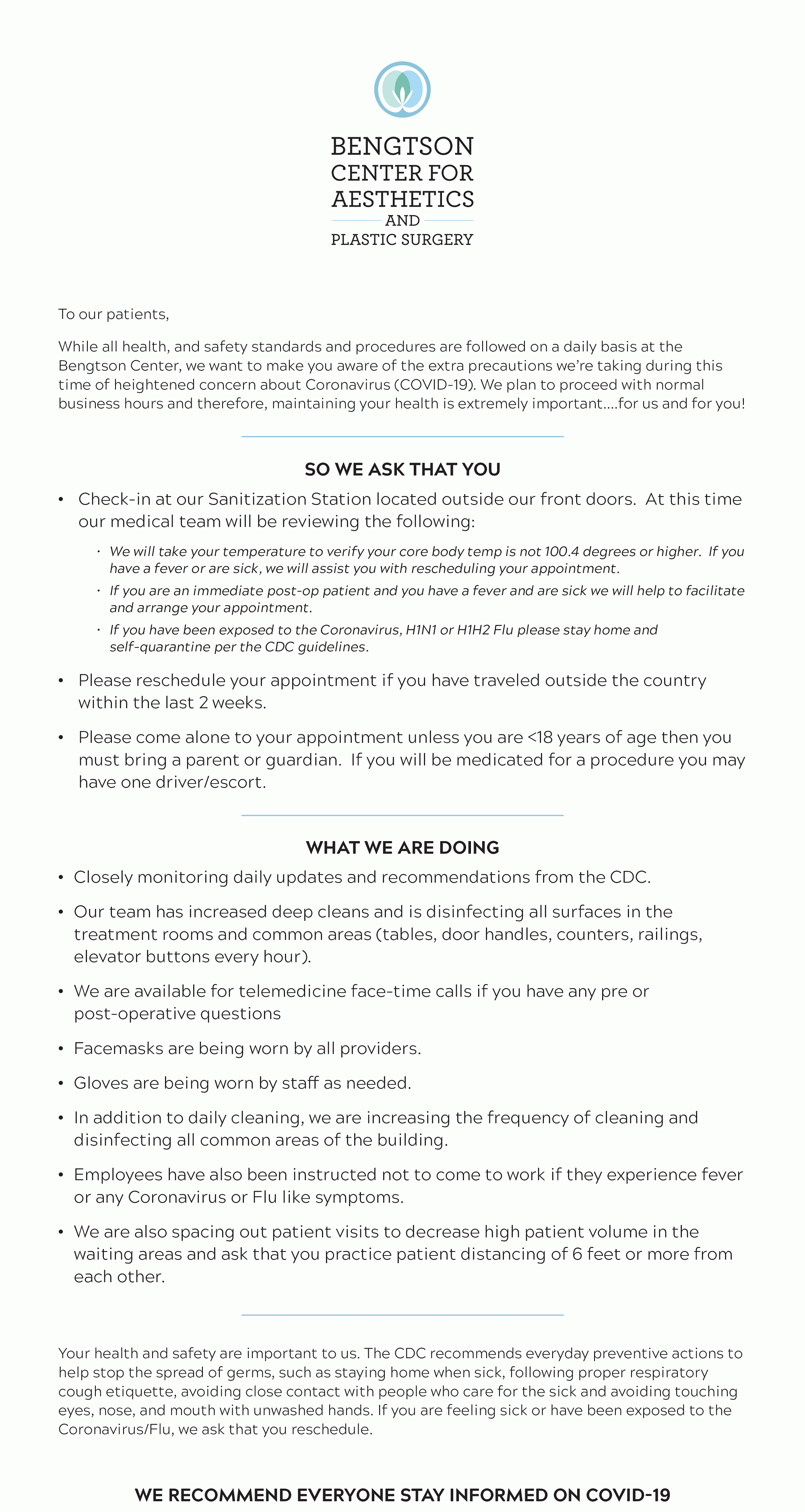 Coronavirus letter from the bengtson center for aesthetics and plastic surgery